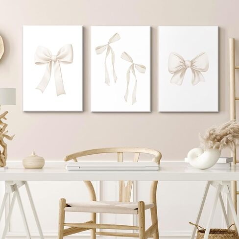 Bow Wall Art Decor Preppy Beige Bow Poster Girly Room Wall Art Prints Beige Bow Knot Wall Decor Coquette Room Picture Pastel Bow Poster for Nursery Girl Room 16x24 Inch Framed Set of 3 in Saudi Arabia
