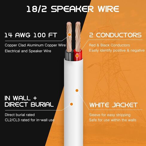 18/2 AWG 100FT سلك كهربائي 18 قياس 100 قدم 2 موصل سلك مكبر الصوت CL2 تصنيف سلك كابل مكبر الصوت سترة بيضاء الدفن المباشر في الهواء الطلق في الأرض في الجدار تمديد الحبل كابل أحمر أسود in Saudi Arabia