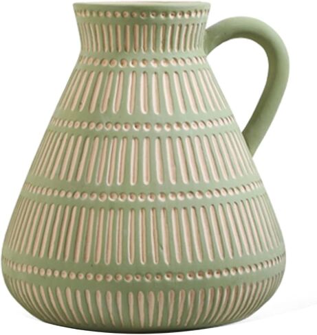 Farmhouse Vase with Handle, Vertical Stripes Design Clay Vase, Modern Farmhouse Ceramic Flower Vase for Pampas Grass Table Mantel Living Room Decoration in Saudi Arabia