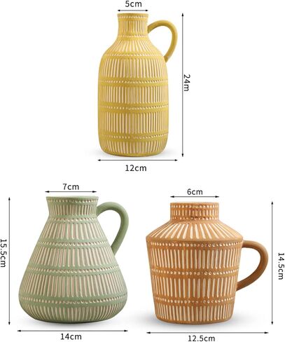 Farmhouse Vase with Handle, Vertical Stripes Design Clay Vase, Modern Farmhouse Ceramic Flower Vase for Pampas Grass Table Mantel Living Room Decoration in Saudi Arabia