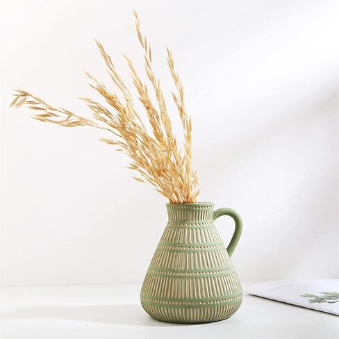 Farmhouse Vase with Handle, Vertical Stripes Design Clay Vase, Modern Farmhouse Ceramic Flower Vase for Pampas Grass Table Mantel Living Room Decoration in Saudi Arabia