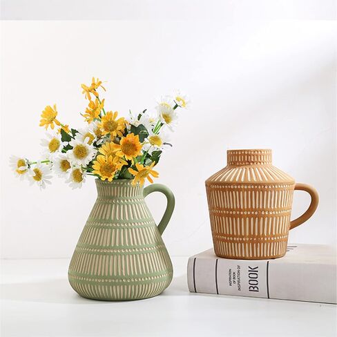 مزهرية المزرعة مع مقبض، مزهرية طينية بتصميم خطوط عمودية، مزهرية زهرة خزفية حديثة لبيت المزرعة لتزيين غرفة المعيشة in Kuwait
