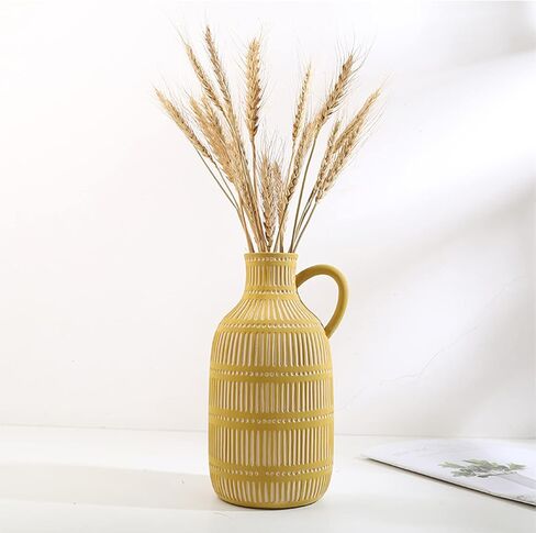 Farmhouse Vase with Handle, Vertical Stripes Design Clay Vase, Modern Farmhouse Ceramic Flower Vase for Pampas Grass Table Mantel Living Room Decoration in Saudi Arabia