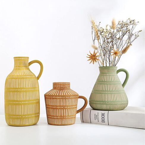 Farmhouse Vase with Handle, Vertical Stripes Design Clay Vase, Modern Farmhouse Ceramic Flower Vase for Pampas Grass Table Mantel Living Room Decoration in Saudi Arabia