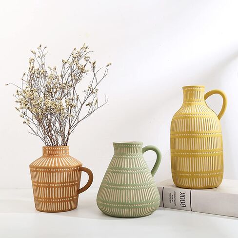 Farmhouse Vase with Handle, Vertical Stripes Design Clay Vase, Modern Farmhouse Ceramic Flower Vase for Pampas Grass Table Mantel Living Room Decoration in Saudi Arabia