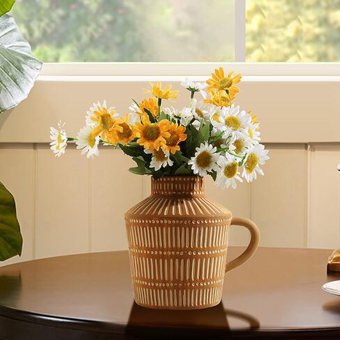 مزهرية المزرعة مع مقبض، مزهرية طينية بتصميم خطوط عمودية، مزهرية زهرة خزفية حديثة لبيت المزرعة لتزيين غرفة المعيشة in Kuwait