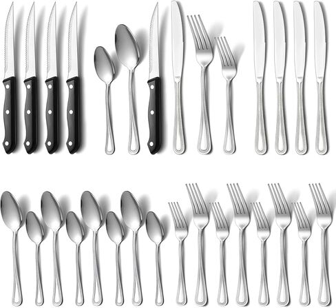 مجموعة أدوات فضية من Unokit مكونة من 24 قطعة مع سكاكين شريحة لحم، مجموعة أدوات فضية من الفولاذ المقاوم للصدأ شديدة التحمل لـ 4 قطع، مجموعة أدوات مائدة للمنزل/المطبخ، مرآة مصقولة، آمنة للاستخدام في غسالة الأطباق in Kuwait