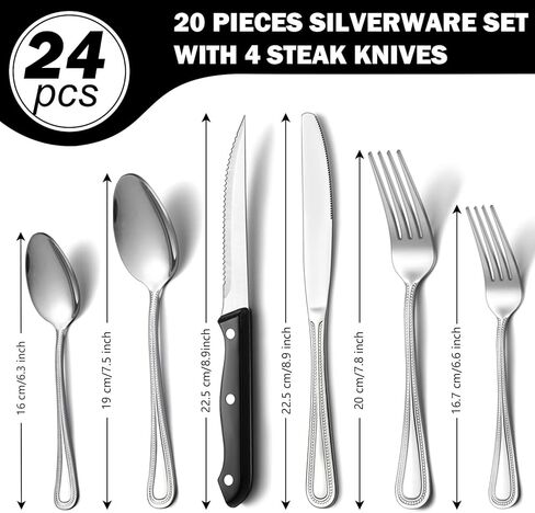 مجموعة أدوات فضية من Unokit مكونة من 24 قطعة مع سكاكين شريحة لحم، مجموعة أدوات فضية من الفولاذ المقاوم للصدأ شديدة التحمل لـ 4 قطع، مجموعة أدوات مائدة للمنزل/المطبخ، مرآة مصقولة، آمنة للاستخدام في غسالة الأطباق in Kuwait