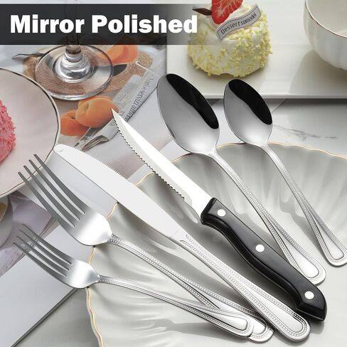 مجموعة أدوات فضية من Unokit مكونة من 24 قطعة مع سكاكين شريحة لحم، مجموعة أدوات فضية من الفولاذ المقاوم للصدأ شديدة التحمل لـ 4 قطع، مجموعة أدوات مائدة للمنزل/المطبخ، مرآة مصقولة، آمنة للاستخدام في غسالة الأطباق in Kuwait