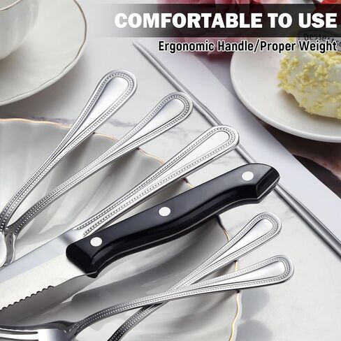 مجموعة أدوات فضية من Unokit مكونة من 24 قطعة مع سكاكين شريحة لحم، مجموعة أدوات فضية من الفولاذ المقاوم للصدأ شديدة التحمل لـ 4 قطع، مجموعة أدوات مائدة للمنزل/المطبخ، مرآة مصقولة، آمنة للاستخدام في غسالة الأطباق in Kuwait