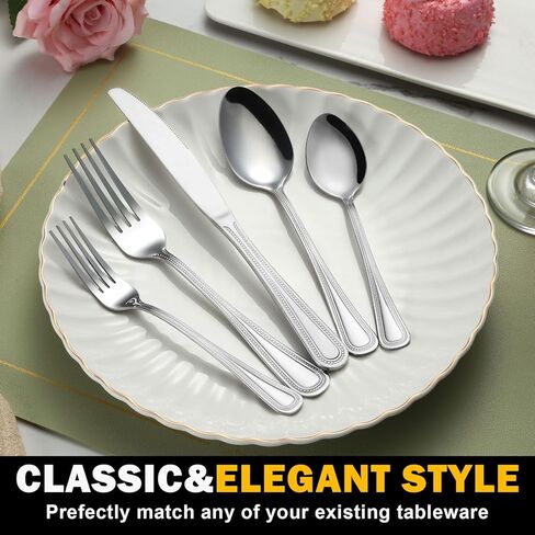 مجموعة أدوات فضية من Unokit مكونة من 24 قطعة مع سكاكين شريحة لحم، مجموعة أدوات فضية من الفولاذ المقاوم للصدأ شديدة التحمل لـ 4 قطع، مجموعة أدوات مائدة للمنزل/المطبخ، مرآة مصقولة، آمنة للاستخدام في غسالة الأطباق in Kuwait