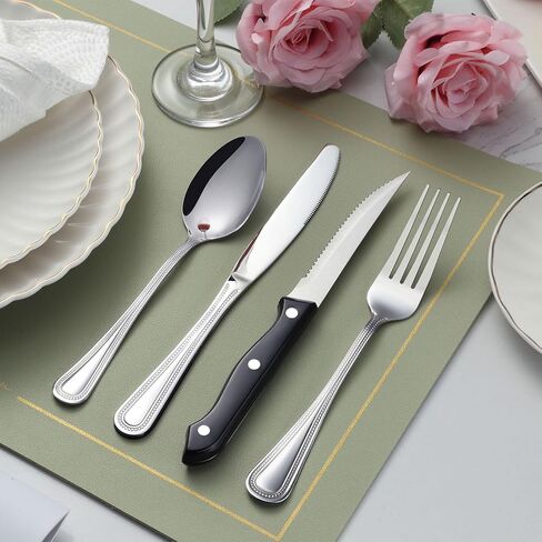 مجموعة أدوات فضية من Unokit مكونة من 24 قطعة مع سكاكين شريحة لحم، مجموعة أدوات فضية من الفولاذ المقاوم للصدأ شديدة التحمل لـ 4 قطع، مجموعة أدوات مائدة للمنزل/المطبخ، مرآة مصقولة، آمنة للاستخدام في غسالة الأطباق in Kuwait