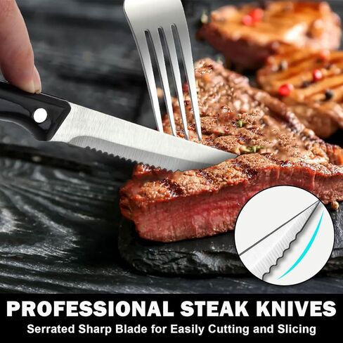 مجموعة أدوات فضية من Unokit مكونة من 24 قطعة مع سكاكين شريحة لحم، مجموعة أدوات فضية من الفولاذ المقاوم للصدأ شديدة التحمل لـ 4 قطع، مجموعة أدوات مائدة للمنزل/المطبخ، مرآة مصقولة، آمنة للاستخدام في غسالة الأطباق in Kuwait