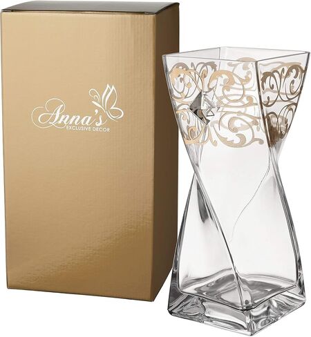 Large Luxury Glass Vase 30 cm - Decorated with Large Crystal from Swarovski® and Golden Ornamental Pattern - Golden Gift Box - Clear Mouth Blown Glass - 11.8 in in Saudi Arabia