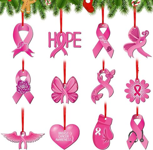 Queekay 12 Pieces Christmas Hanging Ornaments for Tree Realistic Crocodile Wooden Pendants Breast Cancer Awareness Sign Double Sided Christmas Ornaments for Xmas Tree Party Decor (Ribbon) in Saudi Arabia