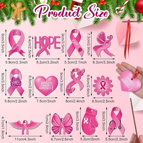 Queekay 12 Pieces Christmas Hanging Ornaments for Tree Realistic Crocodile Wooden Pendants Breast Cancer Awareness Sign Double Sided Christmas Ornaments for Xmas Tree Party Decor (Ribbon) in Saudi Arabia