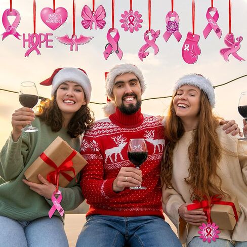 Queekay 12 Pieces Christmas Hanging Ornaments for Tree Realistic Crocodile Wooden Pendants Breast Cancer Awareness Sign Double Sided Christmas Ornaments for Xmas Tree Party Decor (Ribbon) in Saudi Arabia