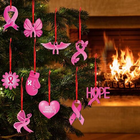 Queekay 12 Pieces Christmas Hanging Ornaments for Tree Realistic Crocodile Wooden Pendants Breast Cancer Awareness Sign Double Sided Christmas Ornaments for Xmas Tree Party Decor (Ribbon) in Saudi Arabia