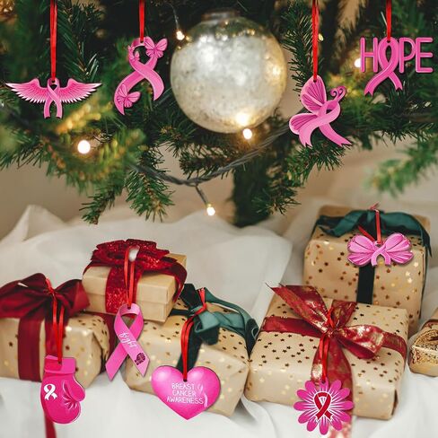 Queekay 12 Pieces Christmas Hanging Ornaments for Tree Realistic Crocodile Wooden Pendants Breast Cancer Awareness Sign Double Sided Christmas Ornaments for Xmas Tree Party Decor (Ribbon) in Saudi Arabia