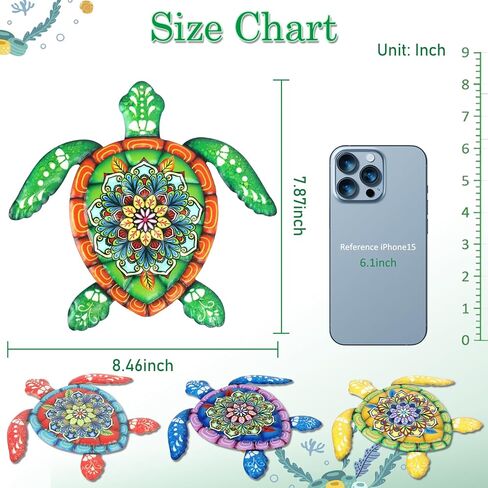 4 قطع ديكور فني جداري على شكل سلحفاة بحرية معدنية ثلاثية الأبعاد، أنماط زهور ملونة نابضة بالحياة مقاس 7.8 بوصة × 8.4 بوصة، موضوع رحلة المحيط على الشاطئ، مناسب لغرفة المنزل الداخلية أو ديكورات الحمام، فناء حمام السباحة، الشرفة، الحديقة الخارجية in Kuwait