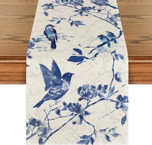 وضع Artoid الحبر خمر نمط البحرية الأزرق الطيور Chinoiserie الجدول عداء، الموسمية الربيع الصيف المطبخ طاولة الطعام الديكور لديكور المنزل الطرف 13x72 بوصة in Saudi Arabia