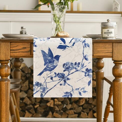 وضع Artoid الحبر خمر نمط البحرية الأزرق الطيور Chinoiserie الجدول عداء، الموسمية الربيع الصيف المطبخ طاولة الطعام الديكور لديكور المنزل الطرف 13x72 بوصة in Saudi Arabia