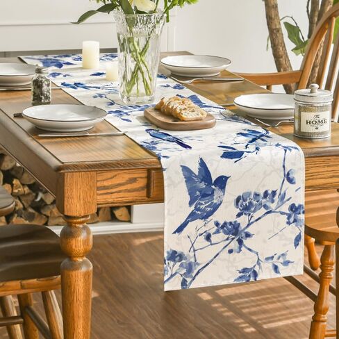 وضع Artoid الحبر خمر نمط البحرية الأزرق الطيور Chinoiserie الجدول عداء، الموسمية الربيع الصيف المطبخ طاولة الطعام الديكور لديكور المنزل الطرف 13x72 بوصة in Saudi Arabia