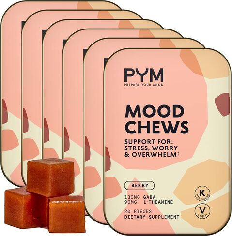PYM Berry Mood Chews يدعم الإجهاد والقلق والإرهاق، 20 قطعة - 130 مجم GABA، 90 مجم L-Theanine - نباتي، غير معدّل وراثيًا، خالي من الغلوتين، بدون سكر مضاف - مكمل توازن المزاج الطبيعي بالكامل صنع في الولايات المتحدة الأمريكية! in Saudi Arabia
