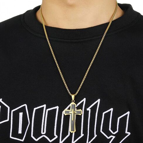 YL Cross Necklace for Men Stainless Steel Jesus Christ Crucifix Pendant Lord's Prayer Jewelry with 18k Black Gold in Saudi Arabia
