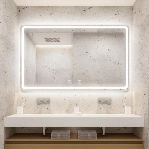 LED Bathroom Mirror 32"x 40" with Front and Backlight, Stepless Dimmable Wall Mirrors with Anti-Fog, Shatter-Proof, Memory, 3 Colors, LED Vanity Mirror(Horizontal/Vertical) in Saudi Arabia
