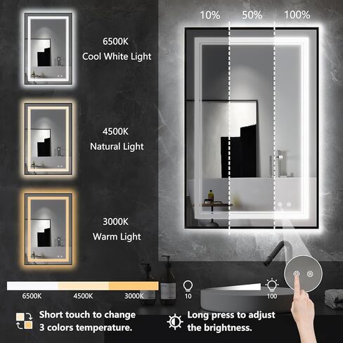 LED Bathroom Mirror 32"x 40" with Front and Backlight, Stepless Dimmable Wall Mirrors with Anti-Fog, Shatter-Proof, Memory, 3 Colors, LED Vanity Mirror(Horizontal/Vertical) in Saudi Arabia