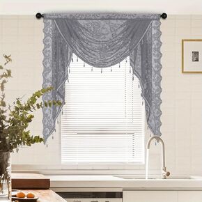 Elegant Lace Waterfall Window Valance with Bead Tassels Floral Embroidered Valance Curtains Semi Sheer Rod Pocket Valance/Swags for Bedroom/Living Room/Kitchen/Basement (Grey,39"x41")