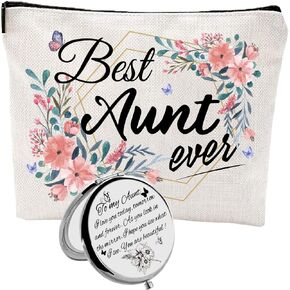 HnoonZ Best Aunt Ever Gifts,Aunt Gifts from Niece,Auntie Gifts,Aunt Compact Mirror,Best Aunt Makeup Bag,Aunt Cosmetic Bag,Aunt Bday Gift from Niece,Birthday Gifts for Aunt