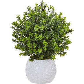 Nearly Natural Boxwood Evergreen Artificial Plant in White Vase (Indoor/Outdoor)