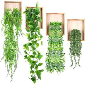 4 Sets Artificial Plants with Wooden Frame 19.7 ft Wall Hanging Decor Eucalyptus Succulent Radish Leaves Hanging Greenery for Living Room Nursery Backdrop Indoor Outdoor Decorations