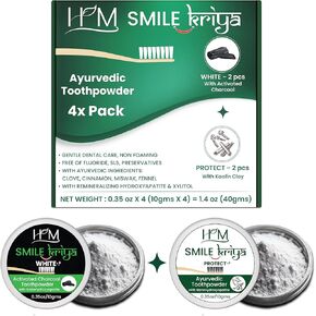HM - Teeth Whitening Ayurvedic Tooth Powder | Non Foaming - Remove Stains & Freshen Breath | Activated Charcoal & Kaolin Clay | VeganEssential Oils & Ayurvedic Herbs | Pack of 4 X 0.35oz [1.4 Oz]
