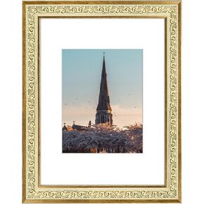 AUEAR, 9X12 Ornate Finish Photo Frame, with White Mat for 6X8 Picture & Real Glass, Color: Distressed Gold