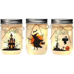 3 Pack Halloween Mini Mason Jars with LED Light, Halloween Home Decorations Indoor
