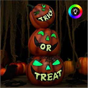 QEQEKAKA Halloween Pumpkin Decorations - H 15.7" Large Stacked Pumpkin Lights Resin Jack O Lantern Pumpkin for Halloween Porch, Tabletop, Indoor Trick Or Treat Party Decorations