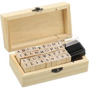 PATIKIL Rubber Stamps Letter Number, 36Pcs 1 Set Wood Alphabet Stamp Wooden Rubber Stamp with Ink Pad Vintage Box Gift for DIY Craft Card Making