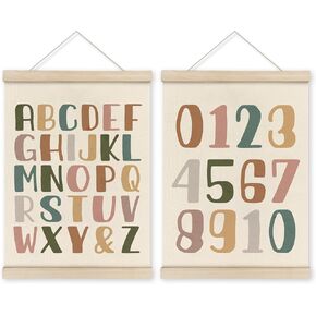 HRQKO Boho Alphabet Numbers Poster Hanger Frame Set of 2, Classroom Wall Decor, Abc Poster Wall Art with Wooden Frames, Alphabet Banner Wall Hanging Decor for Toddler Playroom Nursery, 12x16 Inch