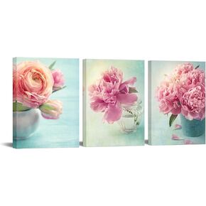 Nachic Wall 3 Piece Bathroom Floral Pictures Canvas Prints Peony Flower Pictures Wall Art Teal and Pink Decor Ready to Hang