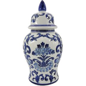 Galt International 14" Blue and White Flower & Petals Ceramic Porcelain Ginger Jar Floral Home Décor Jar Urn Shape Vase