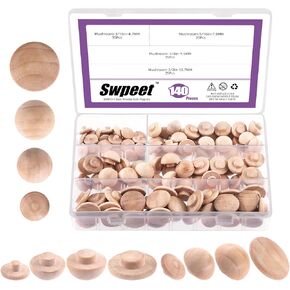 Swpeet 140Pcs Approx 3/16", 5/16", 3/8", 1/2" Wooden Hole Plugs Button Plugs,Hardwood Hole Plugs Maple Button Mushrooms Plugs Set, Flush Type Hole Plugs Snap Hole
