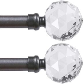 Decorative 3/4 Inch Curtain Rods Single Window Rod With Crystal Ball Finials, Faceted Crystal Curtain Rod Adjustable Length 48"-84", Drapery Single Rod Set, 2 Pack, Nickel