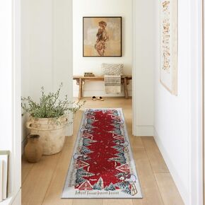 Artoid Mode Red Snowman House Pine Tree Christmas Area Rug, Xmas Winter Home Decor Low-Profile Washable Area Rugs for Entryway Bedroom Living Room Laundry Room Indoor 5x7 Feet
