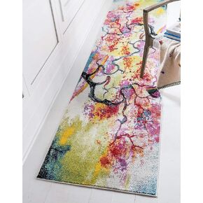 Unique Loom Lyon Collection Colorful Modern Abstract Watercolor Tree Area Rug, 2 ft x 6 ft, Ivory/Pink