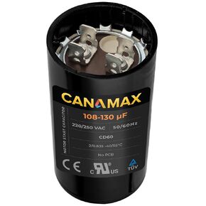 Canamax 108-130 uf MFD 220-250 VAC Volts Round Motor Start Capacitor 50/60 Hz AC Electric - Exact Fit for OEM Single Phase Motor Capacitors Condenser Straight Cool or Heat Pump Air Conditioner
