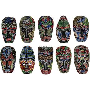Set of 10 Colorful Hand Carved Tropical Island Dot Painted Tribal Masks 6 1/2 Inches High Wall Hangings
