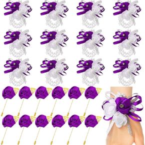Tigeen Corsage and Boutonniere Set Wrist Corsages for Prom Silk Rose Groom Men's Boutonniere for Wedding Hand Flower for Groomsmen Party Suit Decorations Anniversary (Royal Blue,24 Pcs)